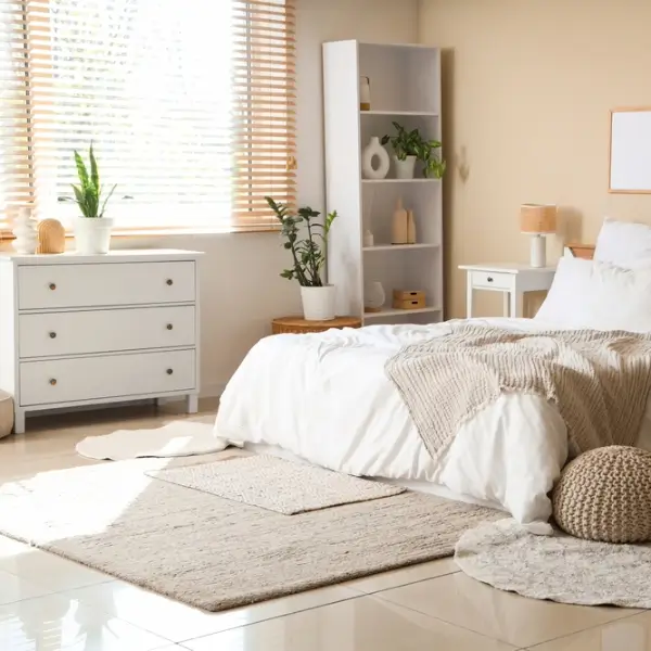 Intérieur de chambre lumineuse avec lit confortable, pouf et tables de chevet.