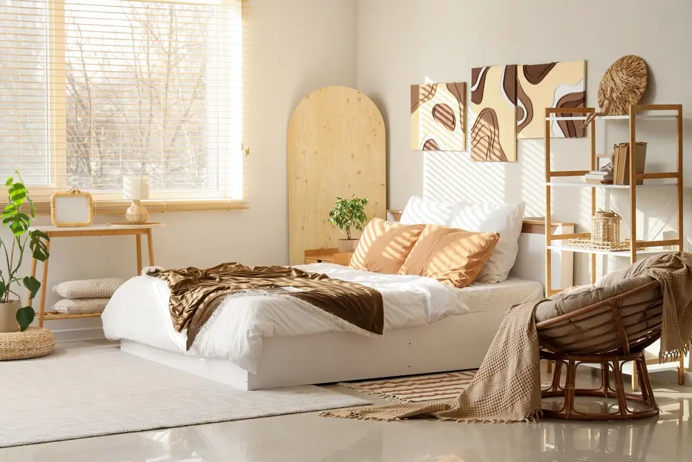 Intérieur de la chambre avec lit confortable, étagère, fauteuil et photos sur le mur.
